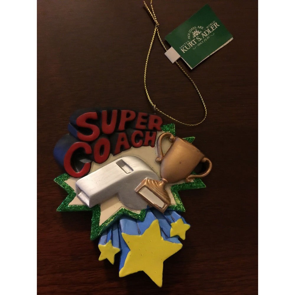 NEW Super Coach Christmas Ornament Kurt Adler Trophy Whistle Personalized